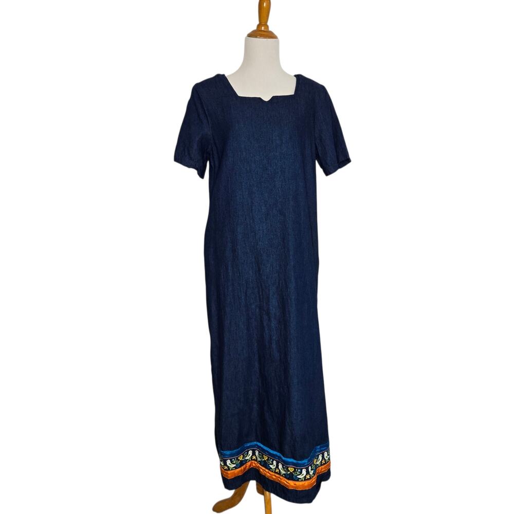 Vintage Denim Maxi Overall Dress Women Embroidered Bird Hem Cotton Modest Medium